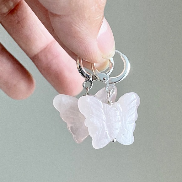 Rose Quartz Butterfly & Silver Hoops - Picture 2 of 5